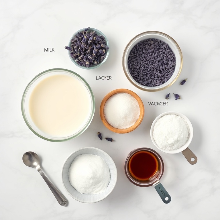 Raw ingredients for creamy lavender milk tea: milk, dried lavender, sugar, vanilla extract, and a cup for measuring.