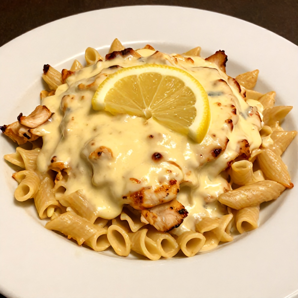 Close-up of Creamy Lemon Chicken Pasta Bake with a lemon slice