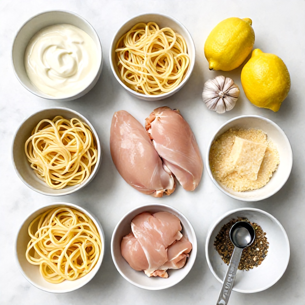 Raw ingredients for Lemon Chicken Pasta Bake on a marble surface