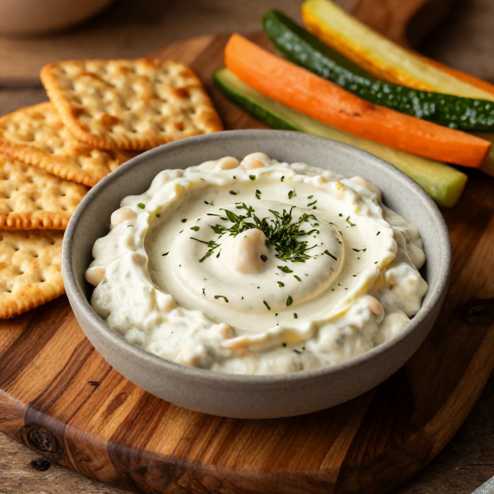 One perfect serving of Creamy Lemon Herb White Bean Dip plated on a rustic wooden board with a sprinkle of fresh herbs, ready to be served with crackers or veggies.