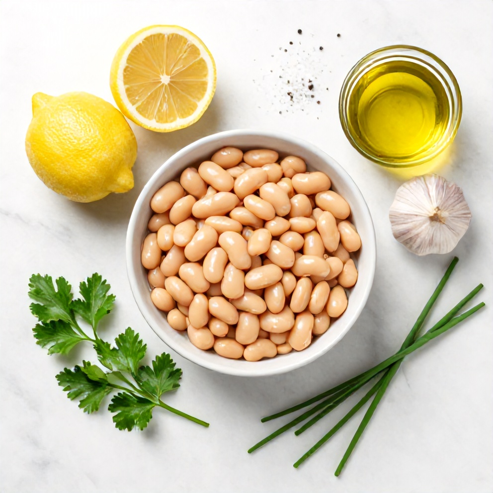 Overhead flat lay of canned white beans, lemon, garlic, olive oil, salt, pepper, and fresh herbs like parsley and chives on a white marble surface under bright even light.