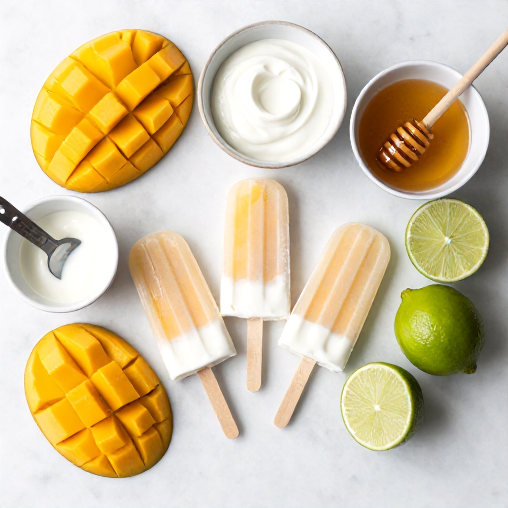 Mango, Greek yogurt, honey, and lime on a white marble surface
