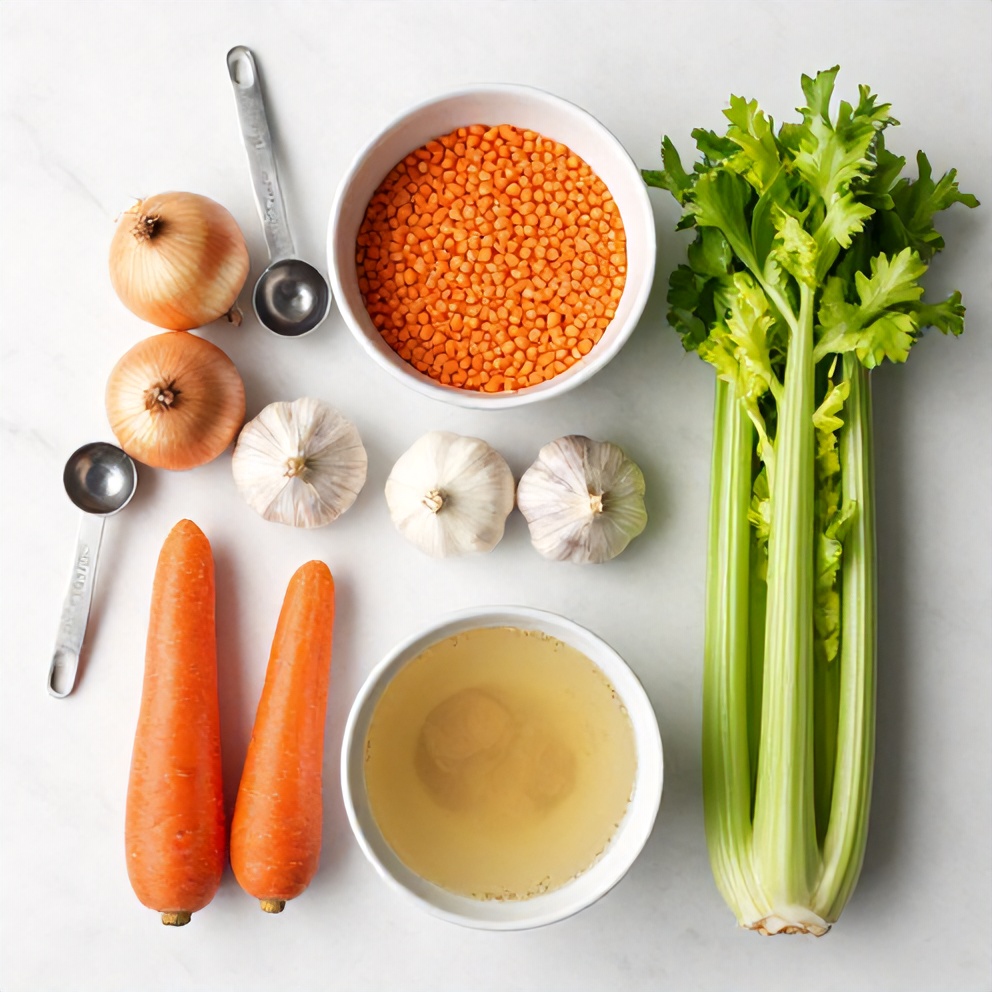 Raw lentils, onion, garlic, carrots, celery, and vegetable broth arranged in an overhead flat lay. Measuring spoons and bowls visible on white marble surface.