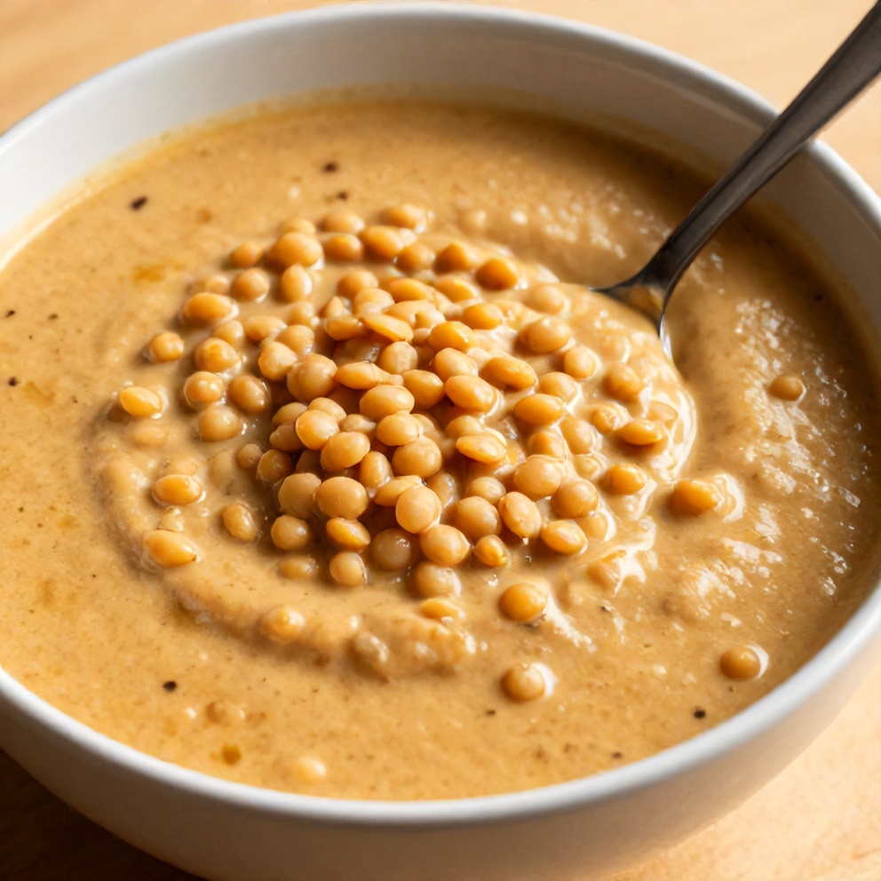 Bowl of Creamy Moroccan Harissa Lentil Soup with a spoon
