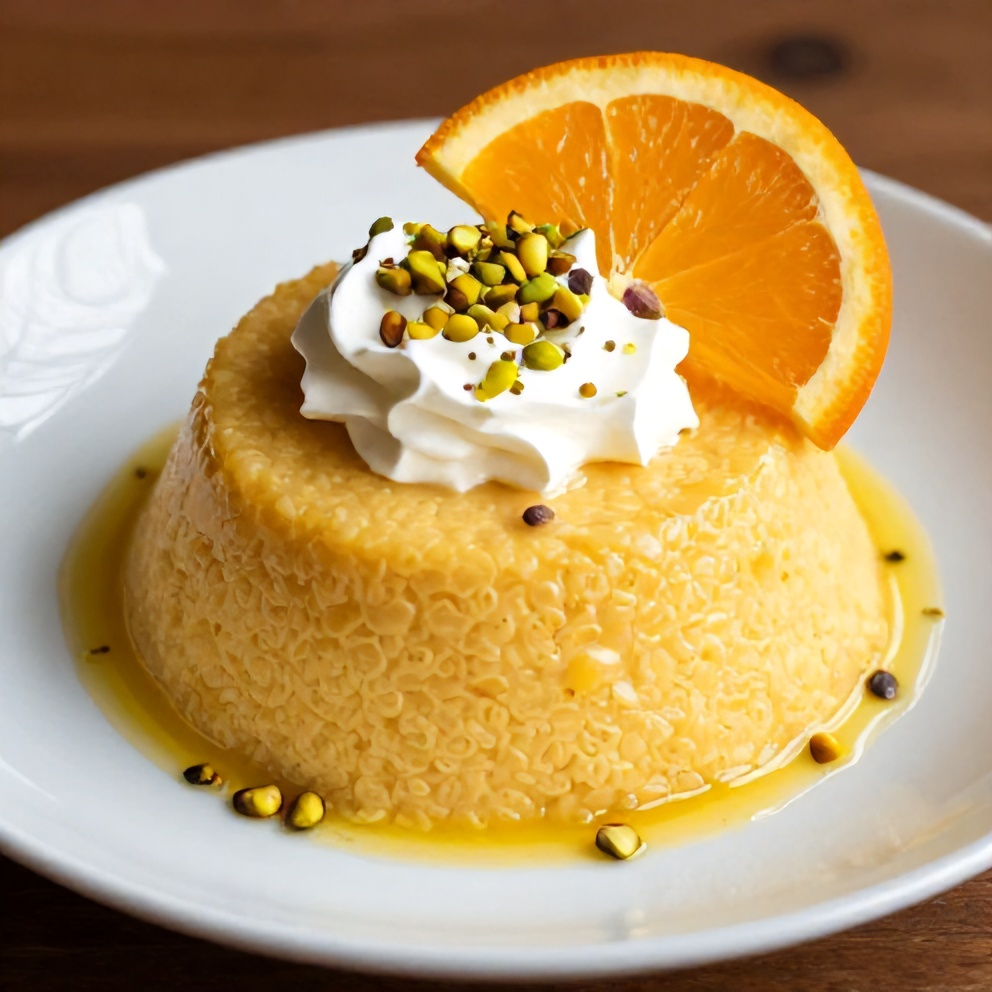 Plated Orange Blossom Semolina Pudding with Pistachios