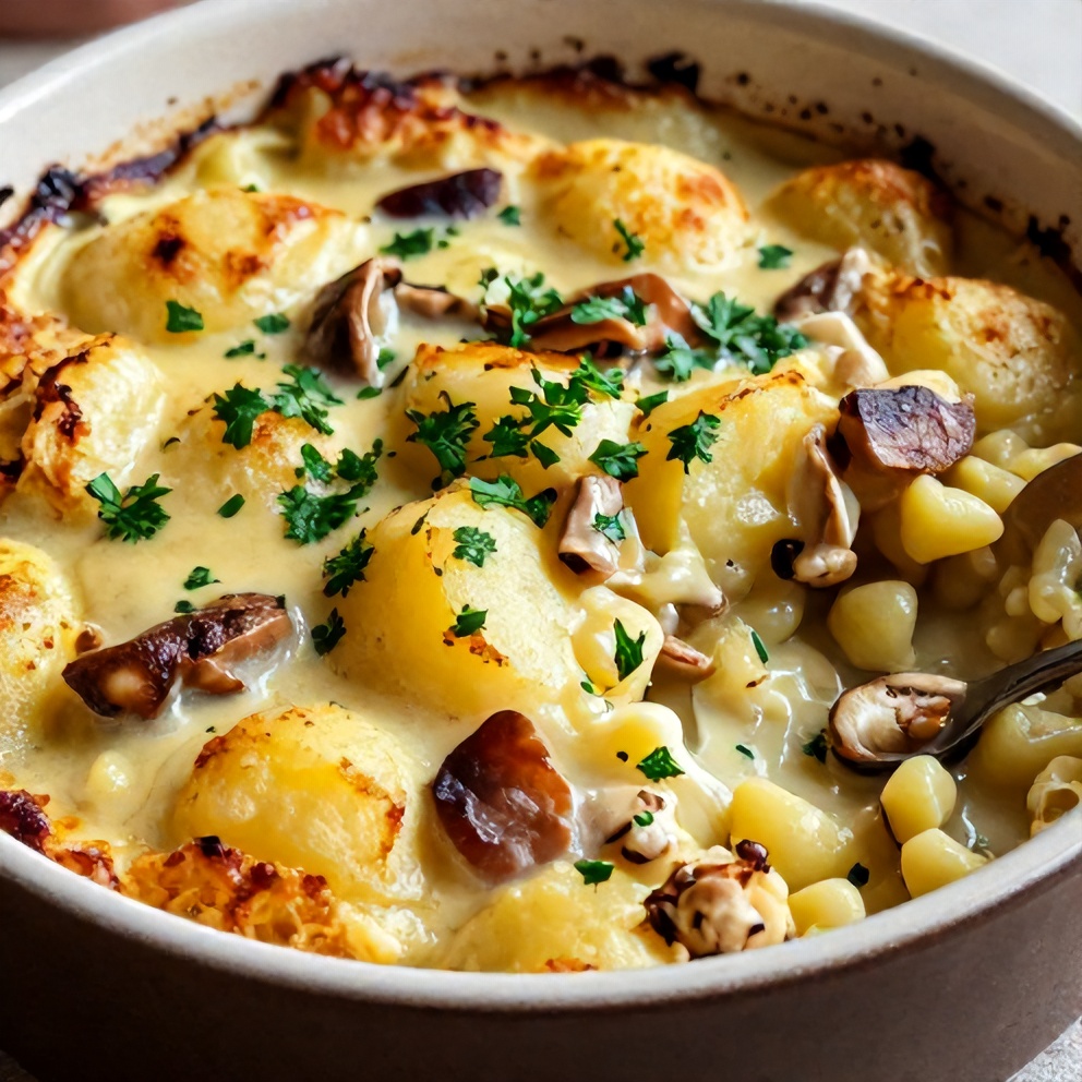 A perfect serving of Creamy Pancetta and Porcini Potato Gratin plated on a rustic dish, garnished with fresh parsley.