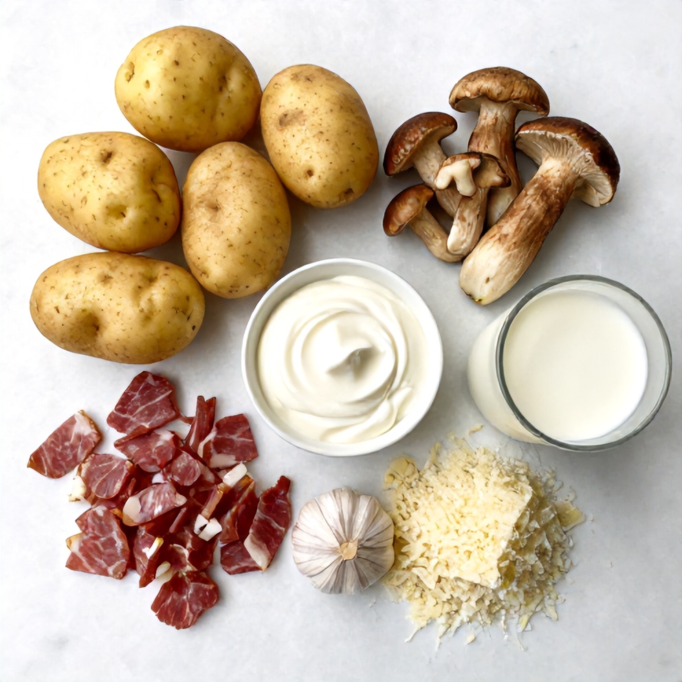 Overhead flat lay of raw ingredients including potatoes, pancetta, porcini, garlic, and heavy cream on a white marble surface.