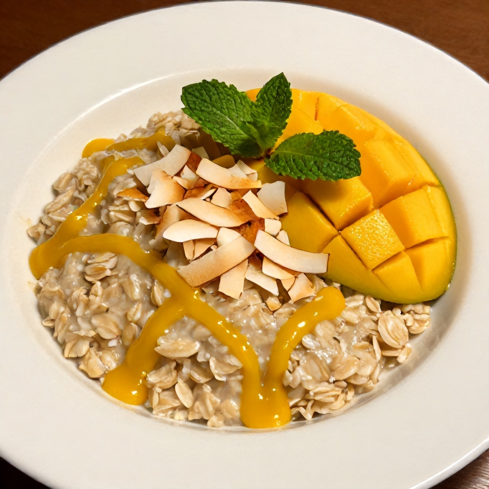Plated Pandan Coconut Overnight Oats with Mango Drizzle