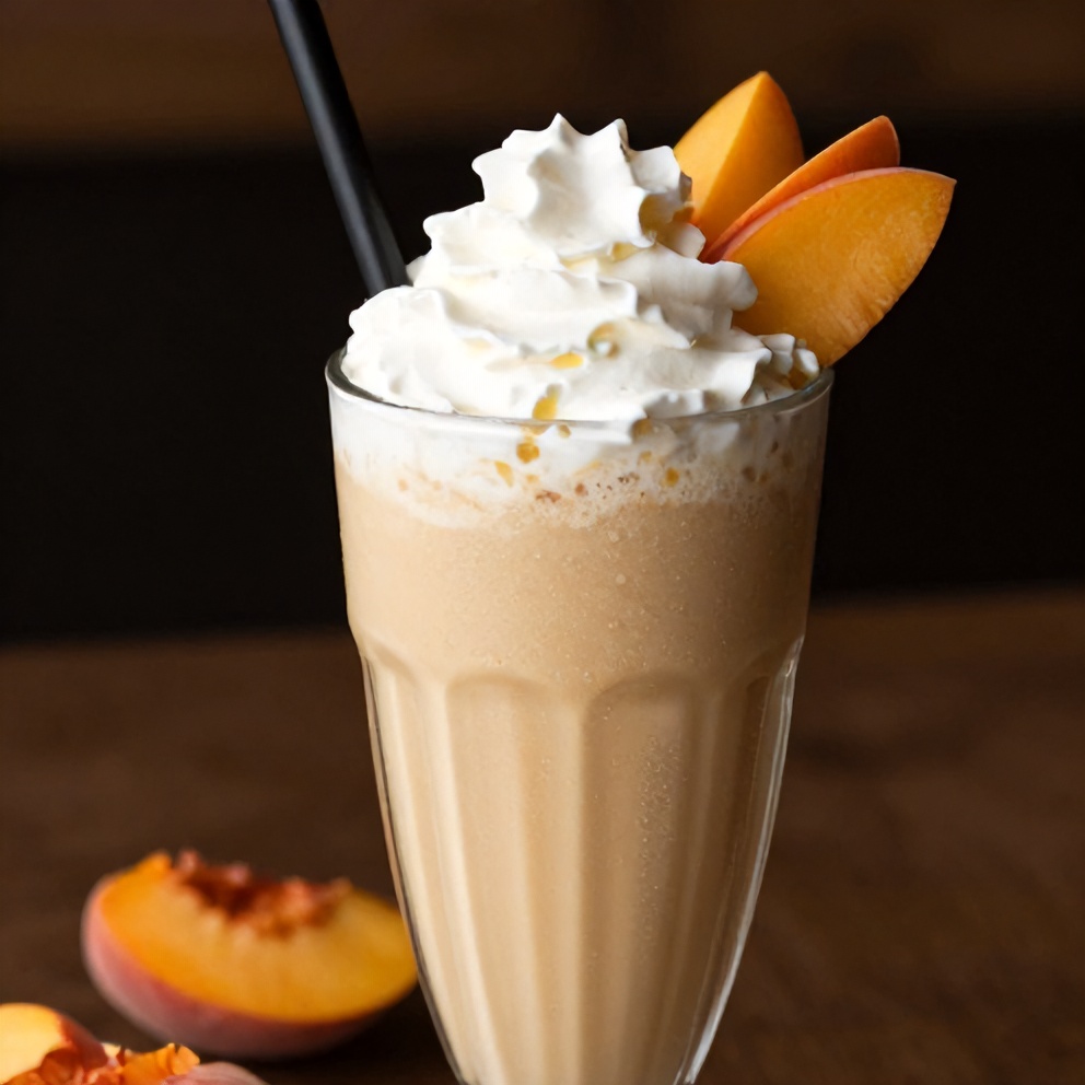 Creamy Peach Protein Shake in a glass with a straw