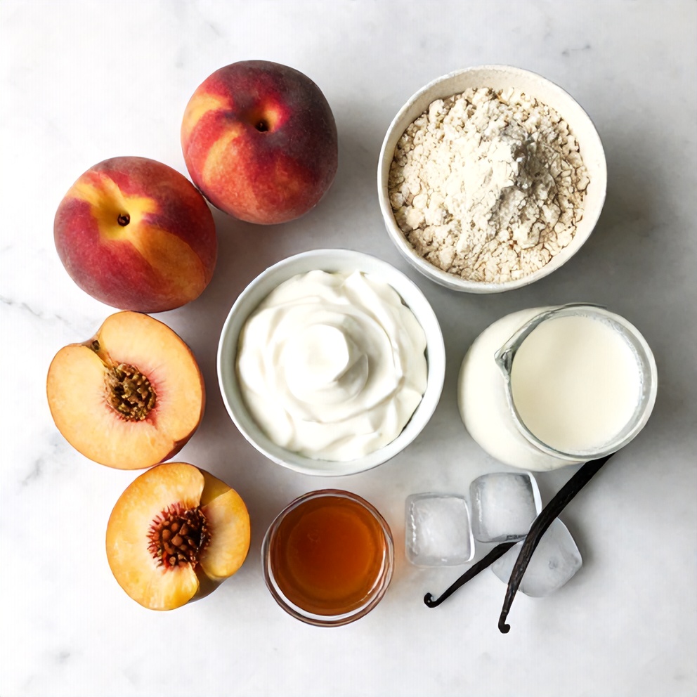 Raw ingredients for Peach Protein Shake on a wooden surface