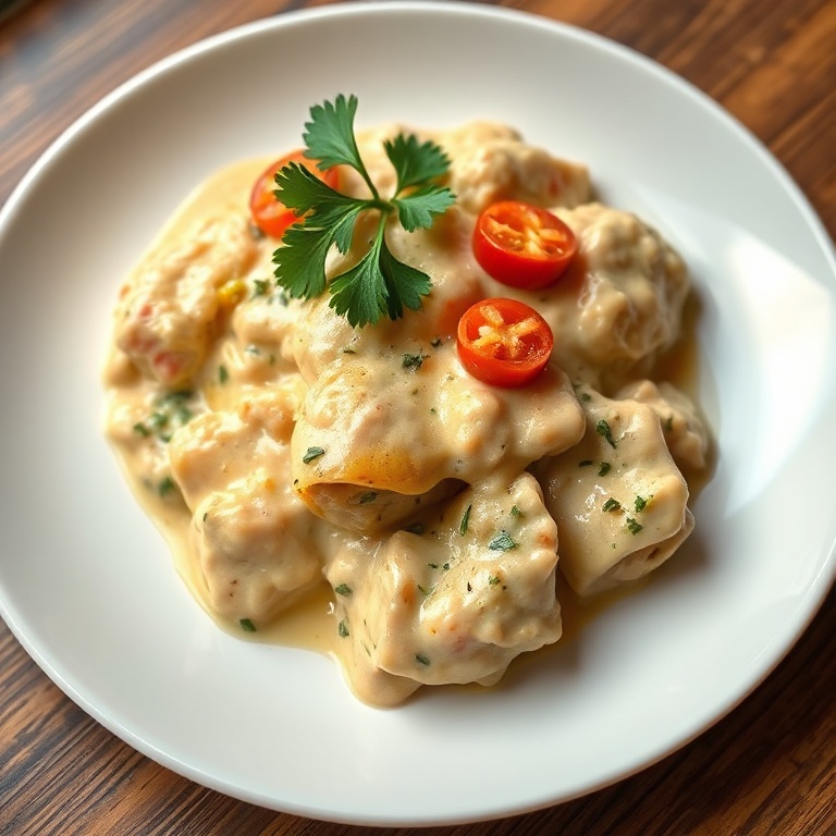 Serving of creamy chicken with pepperoncini. Topped with parsley. White plate with warm lighting.