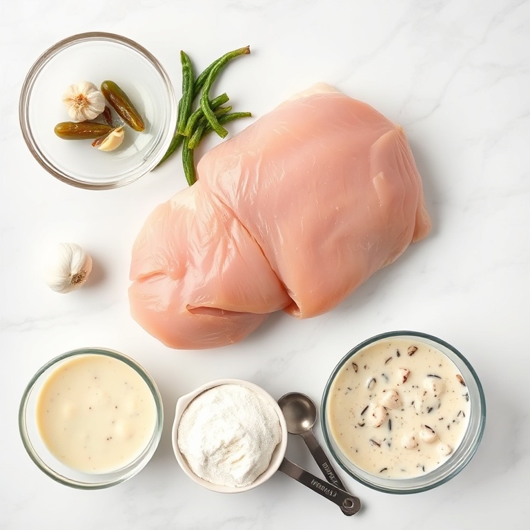 Raw chicken, pepperoncini, garlic, cream of mushroom soup, flour. Measuring bowls and spoons. White marble surface.