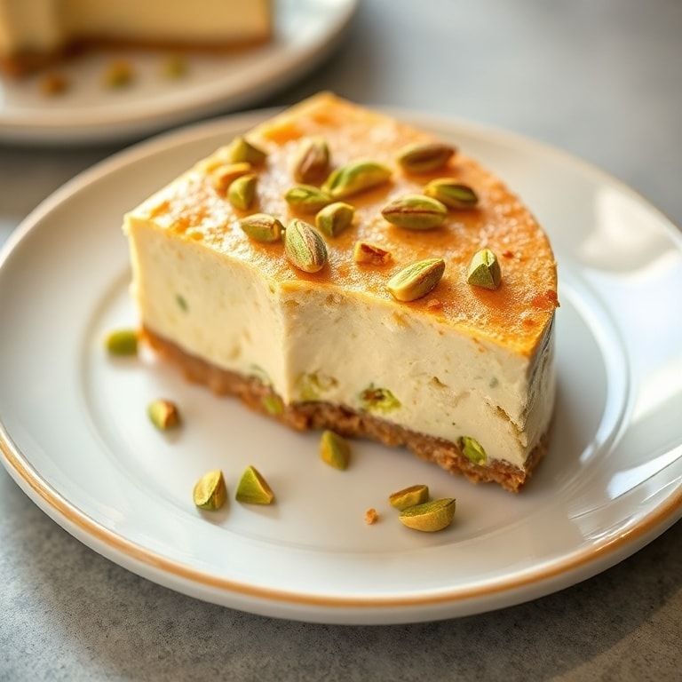 Plated serving of creamy pistachio baklava cheesecake garnished with chopped pistachios on a white ceramic plate