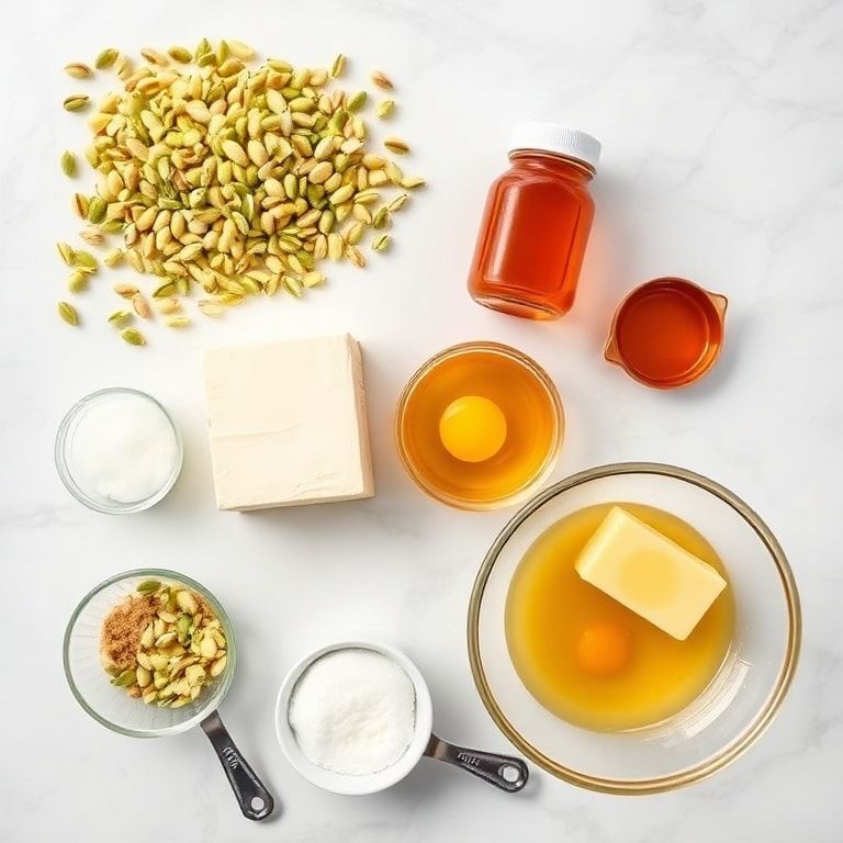 Overhead view of raw ingredients including pistachios, phyllo dough, cream cheese, honey, and butter arranged on white marble surface