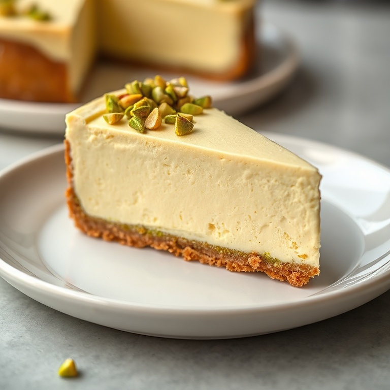 Single slice of creamy pistachio cheesecake garnished with crushed pistachios on white ceramic plate