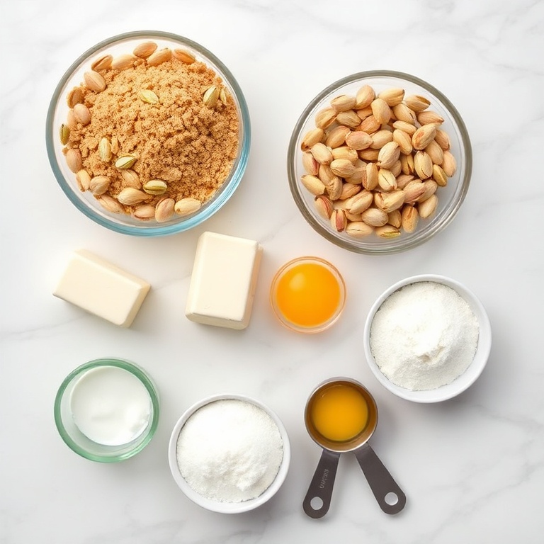 Raw ingredients for creamy pistachio cheesecake including pistachios, cream cheese, sugar, eggs, and graham crackers in small bowls on white marble