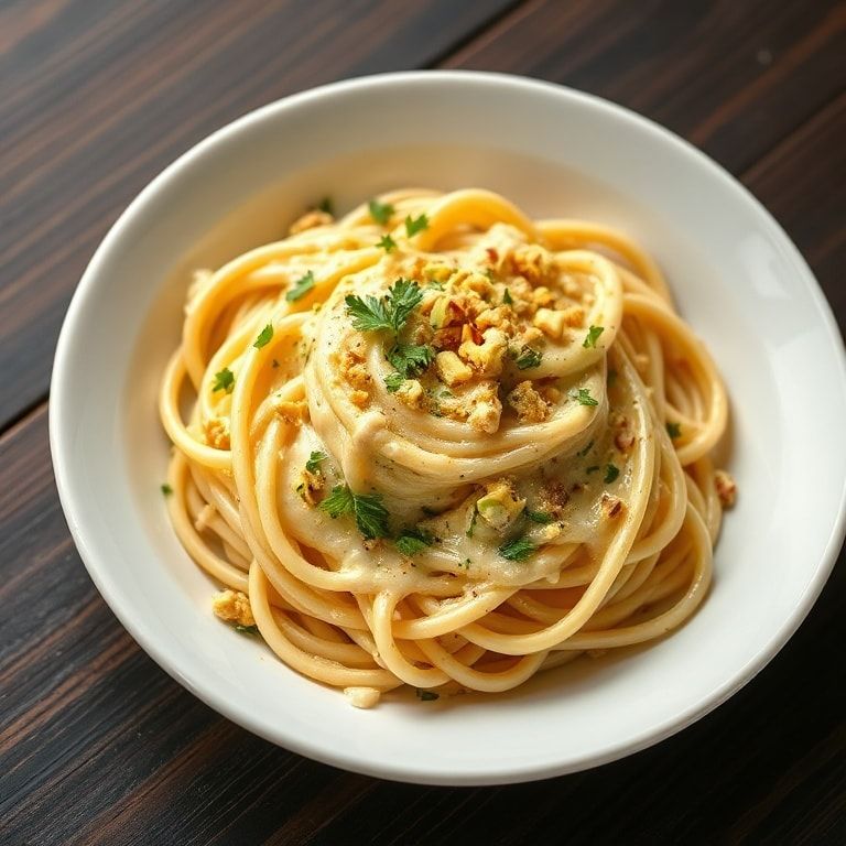 Plated creamy pistachio pasta garnished with crushed pistachios and parsley in a white shallow bowl on a dark wooden surface
