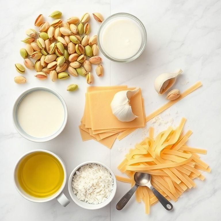 Raw ingredients for creamy pistachio pasta including pistachios, heavy cream, pasta, garlic, and Parmesan cheese arranged on a white marble surface