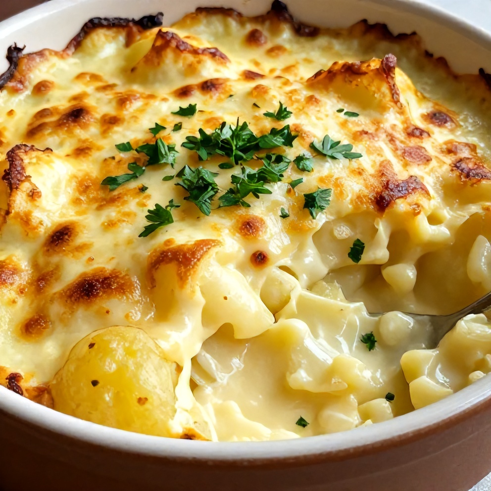 One perfect serving of creamy potato gratin plated on a rustic dish, garnished with fresh parsley