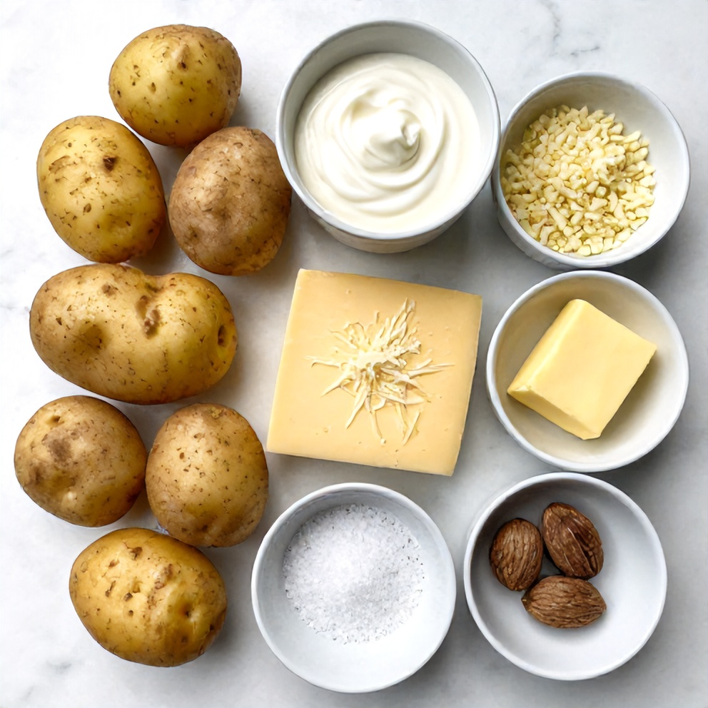Raw ingredients for creamy potato gratin arranged in an overhead flat lay, including potatoes, heavy cream, cheese, garlic, and butter