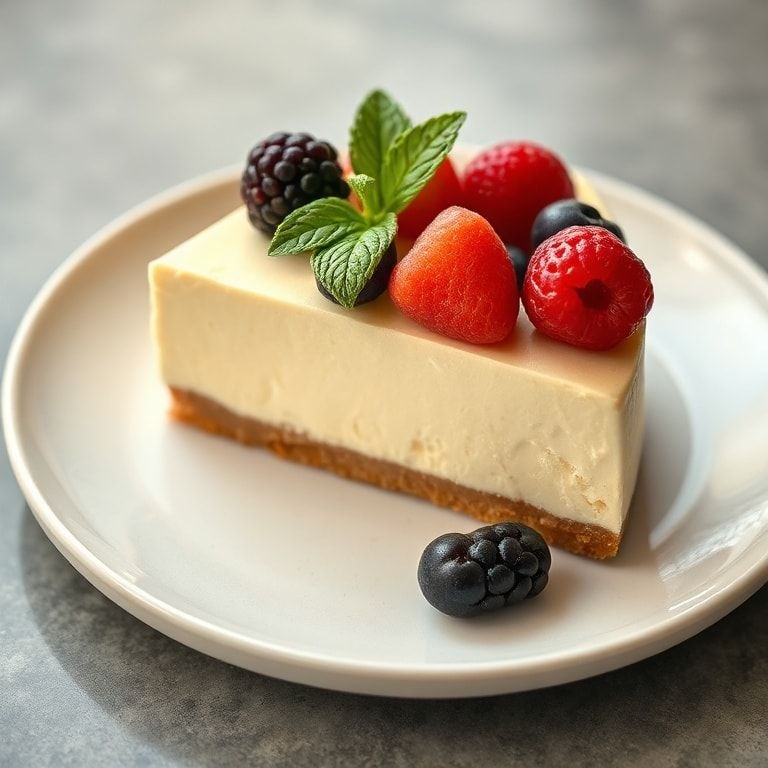Plated slice of creamy protein cheesecake garnished with fresh berries and mint on white ceramic plate