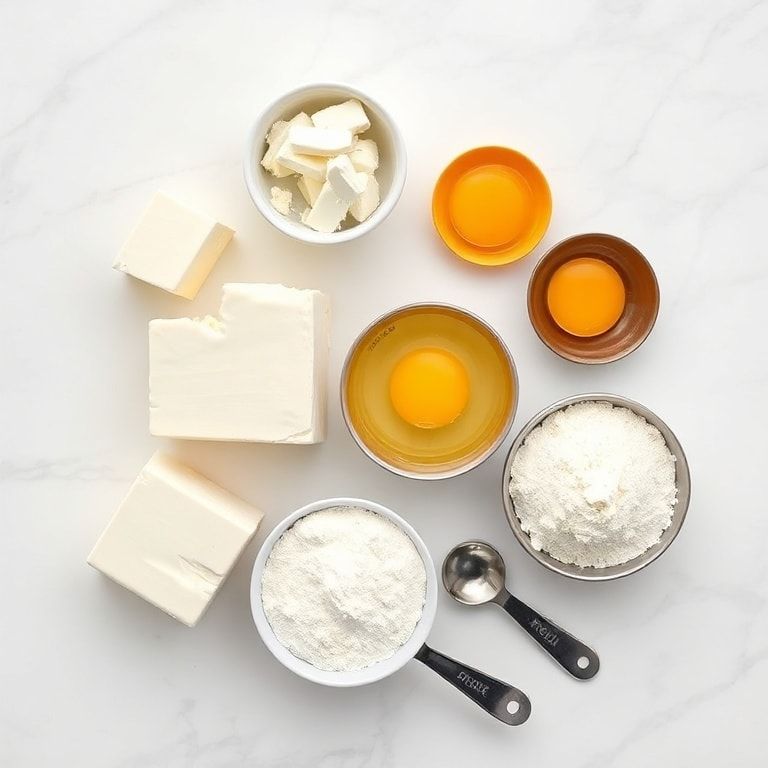 Overhead flat lay of cream cheese, protein powder, eggs, almond flour, and sweetener with measuring spoons on white marble