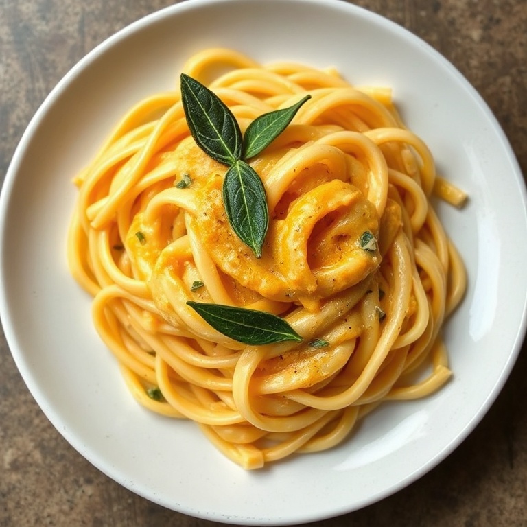 A plate of cooked pasta tossed in creamy pumpkin sauce. Fresh sage leaves and a drizzle of olive oil on top. The dish is rich and inviting.
