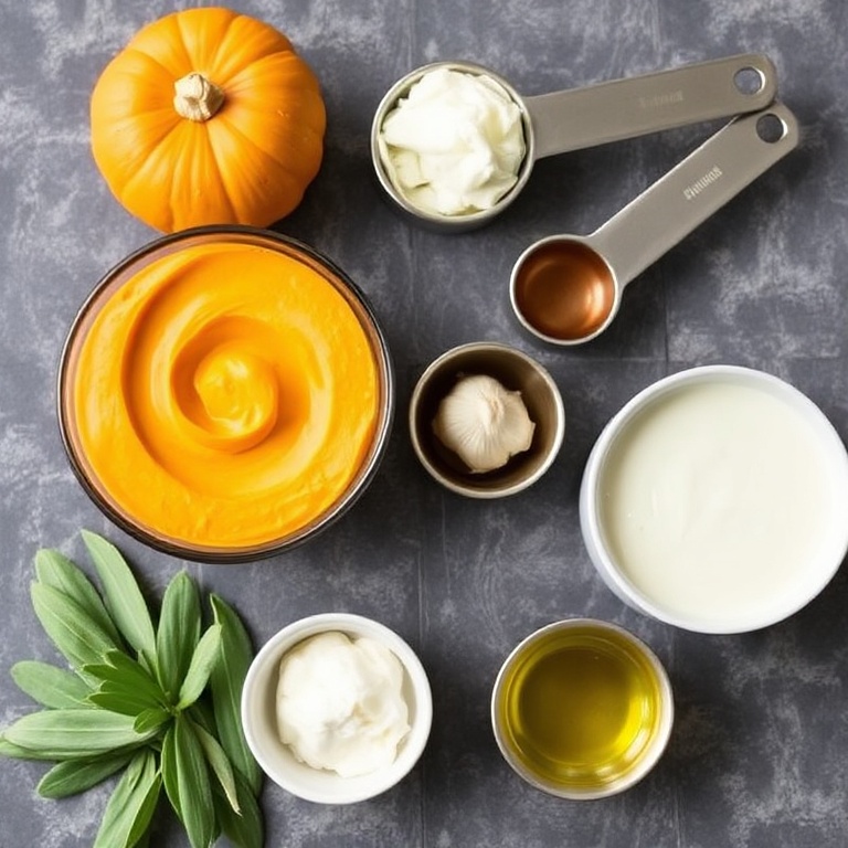 Raw ingredients for pumpkin pasta sauce: pumpkin puree, heavy cream, garlic, fresh sage, and olive oil. Measuring spoons and bowls in the frame.