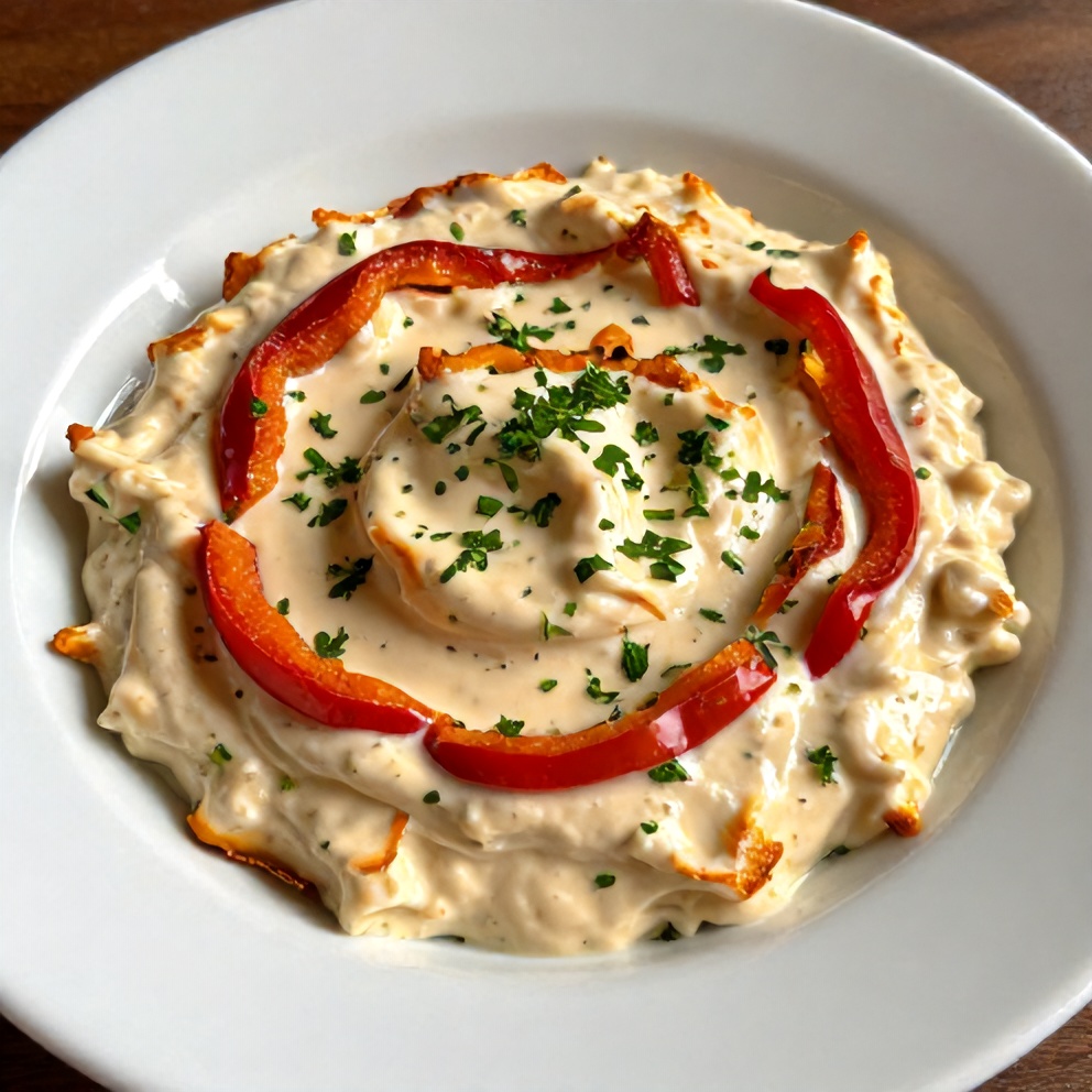 One serving of Creamy Roasted Red Pepper and Garlic Dip plated on a white dish, garnished with chopped parsley, warm side lighting showing the creamy texture and crispy edges