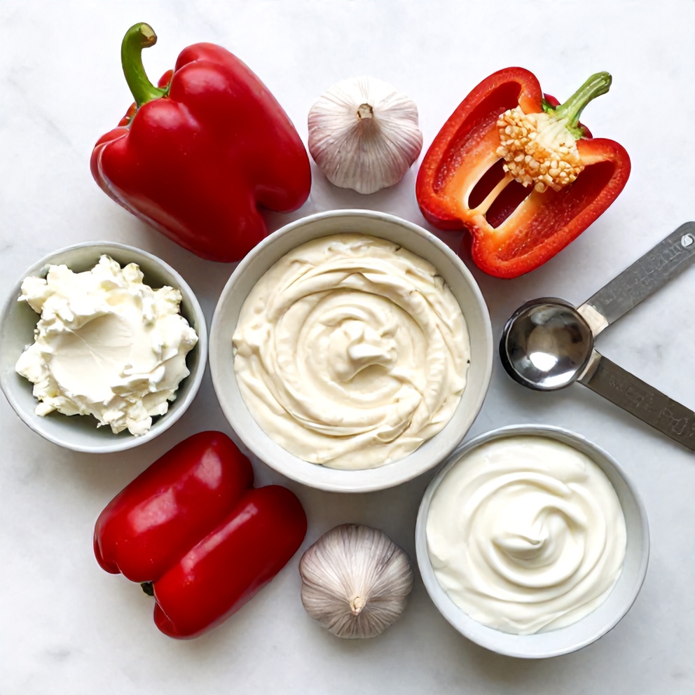 Raw ingredients for Creamy Roasted Red Pepper and Garlic Dip arranged in an overhead flat lay, including red bell peppers, garlic, cream cheese, and sour cream, on a white marble surface