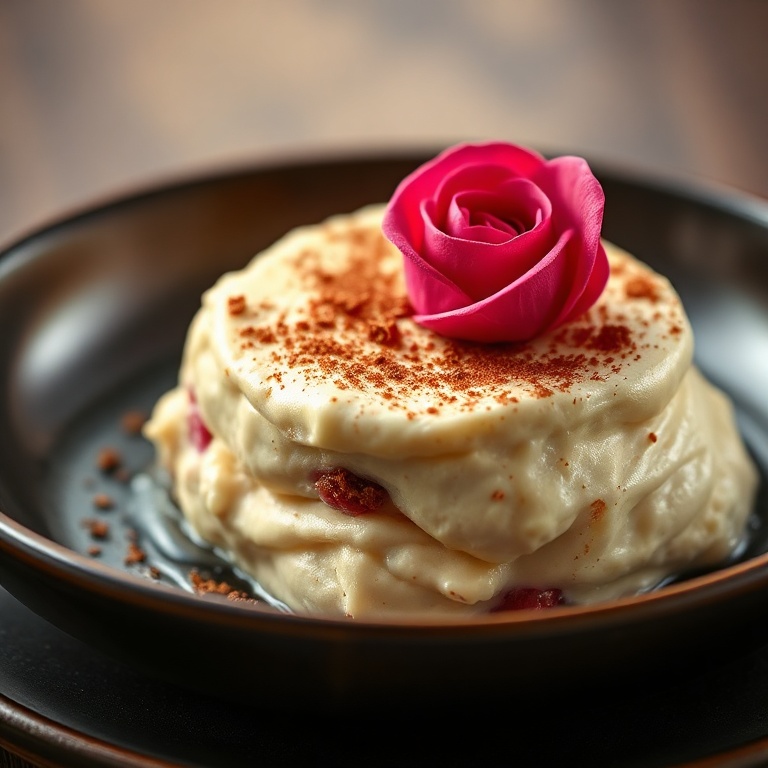 One perfect serving of creamy rose tiramisu. Topped with a single edible rose. Served on a dark ceramic plate with warm side lighting highlighting the rich texture.