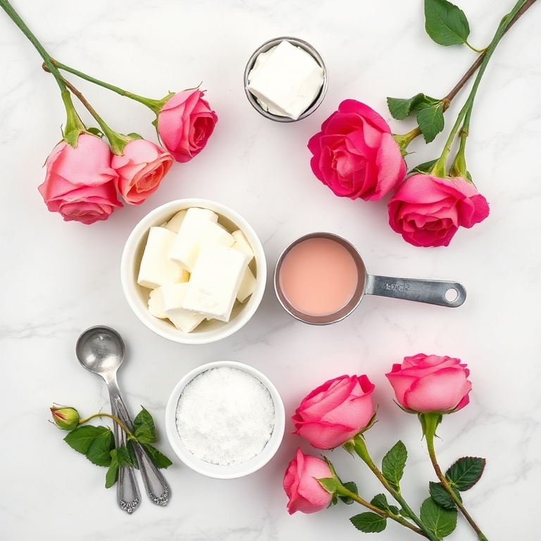 Raw ingredients for creamy rose tiramisu. Fresh roses, mascarpone cheese, sugar, rose water, and ladyfingers arranged in an overhead flat lay. Measuring spoons and bowls visible on a white marble surface.
