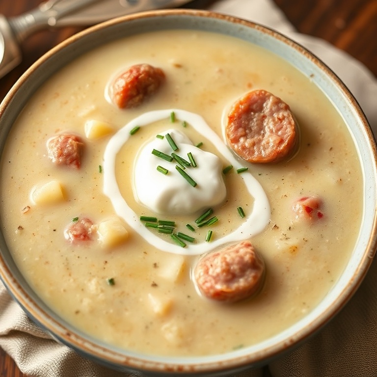 A bowl of creamy sausage potato soup with a drizzle of sour cream and a sprinkle of chives. The soup is creamy and comforting, filling the plate completely.