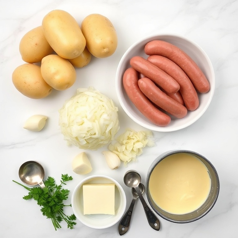 Raw ingredients for creamy sausage potato soup. Potatoes, sausages, onions, garlic, and butter arranged neatly. Measuring spoons and bowls nearby on a white surface.