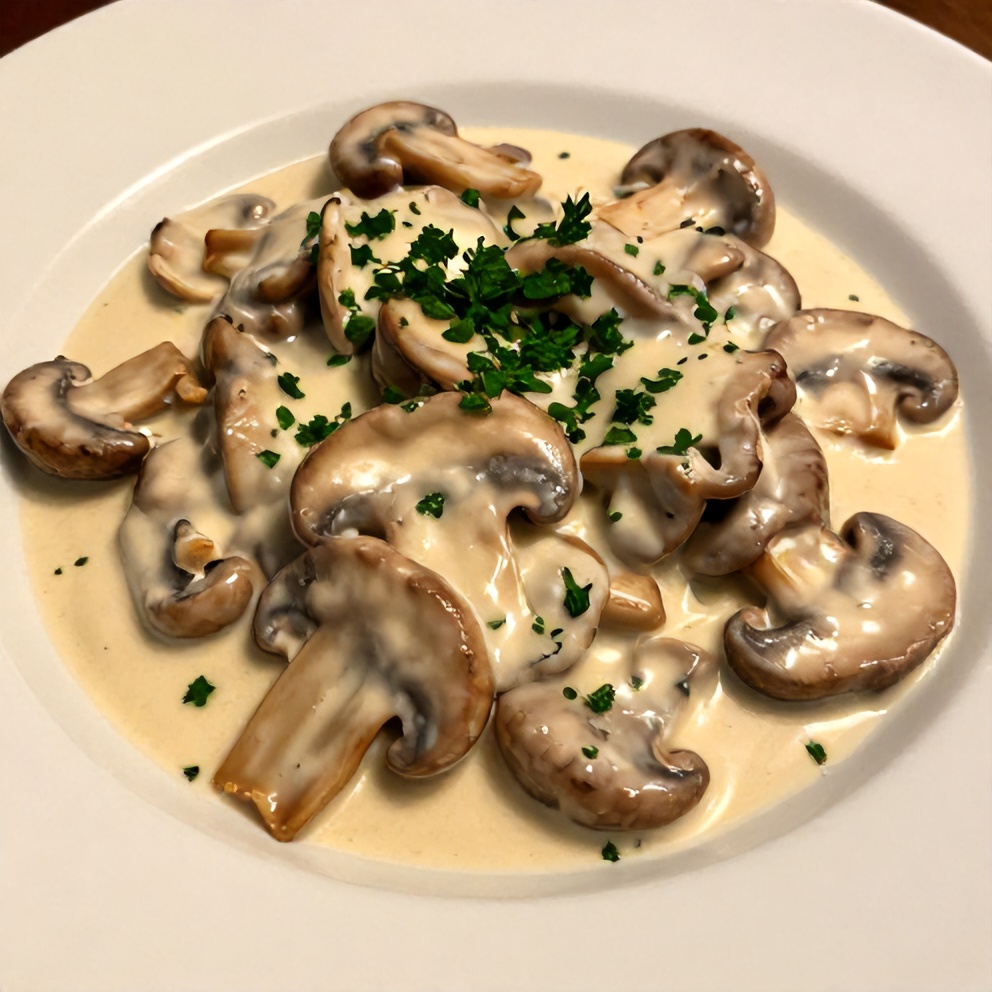 Plated creamy sautéed mushrooms with parsley garnish