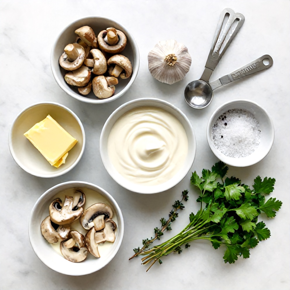 Raw ingredients for creamy sautéed mushrooms