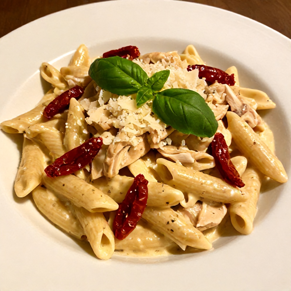 Plated Creamy Slow Cooker Chicken Pasta with Sun-Dried Tomatoes