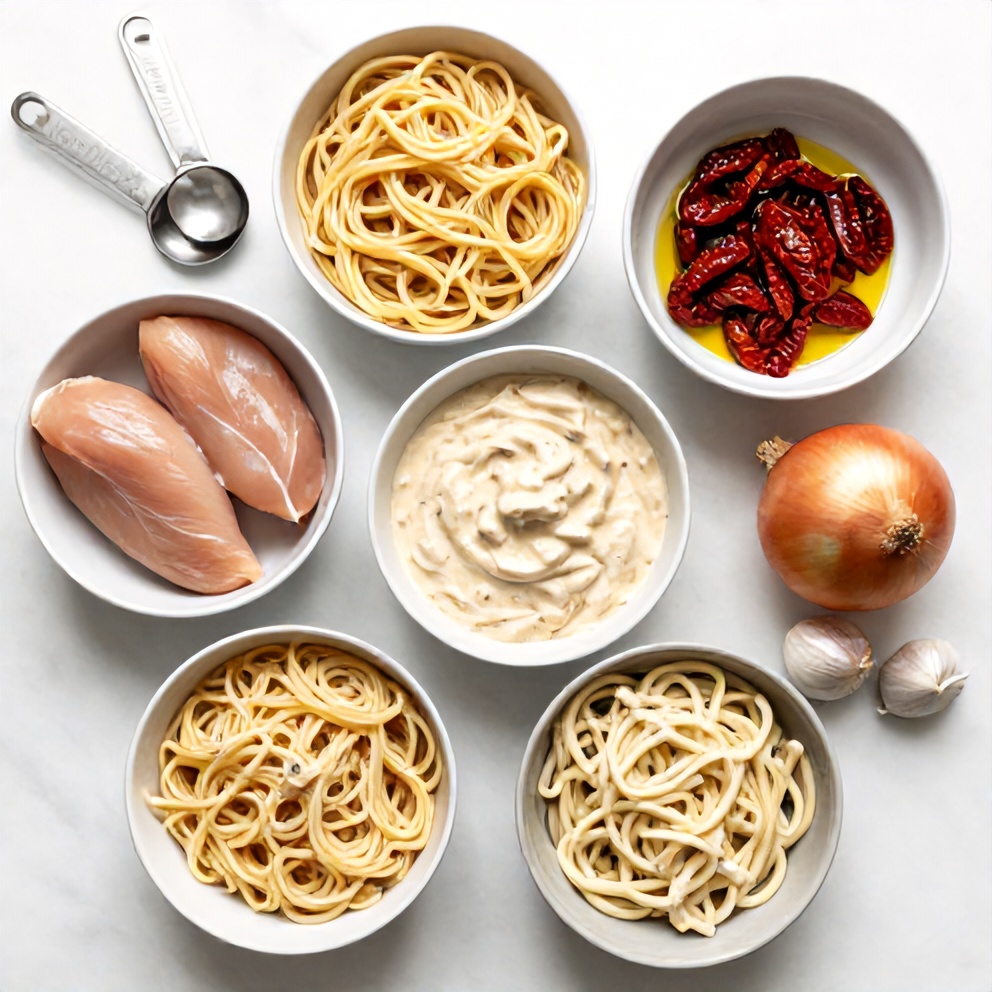 Raw Ingredients for Creamy Slow Cooker Chicken Pasta with Sun-Dried Tomatoes