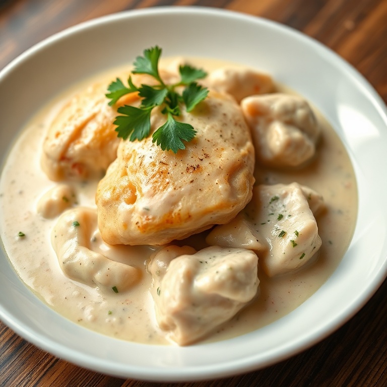 Perfect plated serving of chicken in cream sauce. Garnished with parsley. Close crop showing texture and layers.