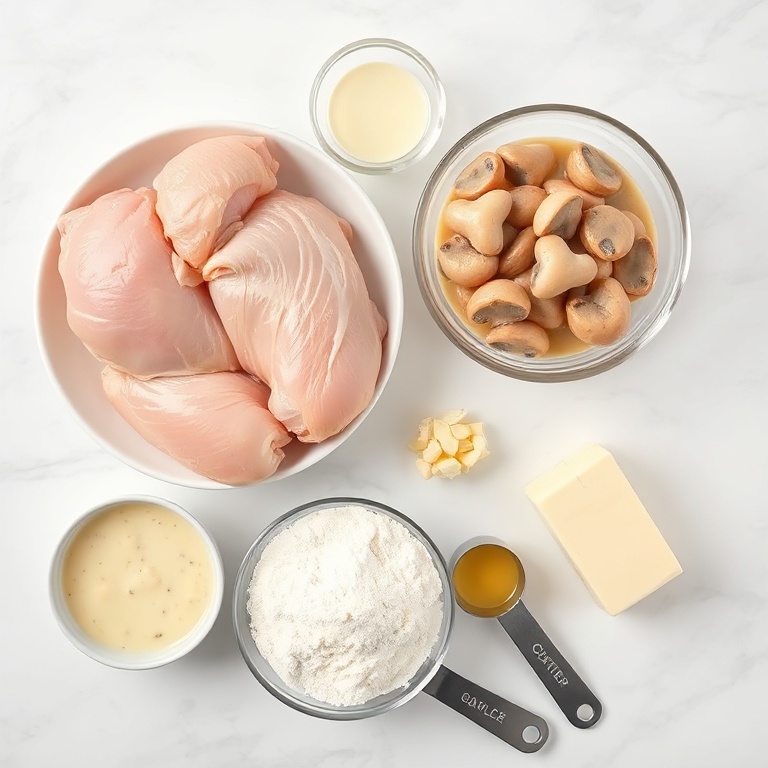 Raw chicken, garlic, cream of mushroom soup, flour, and butter arranged in an overhead flat lay. Measuring cups, bowls, and spoons visible.