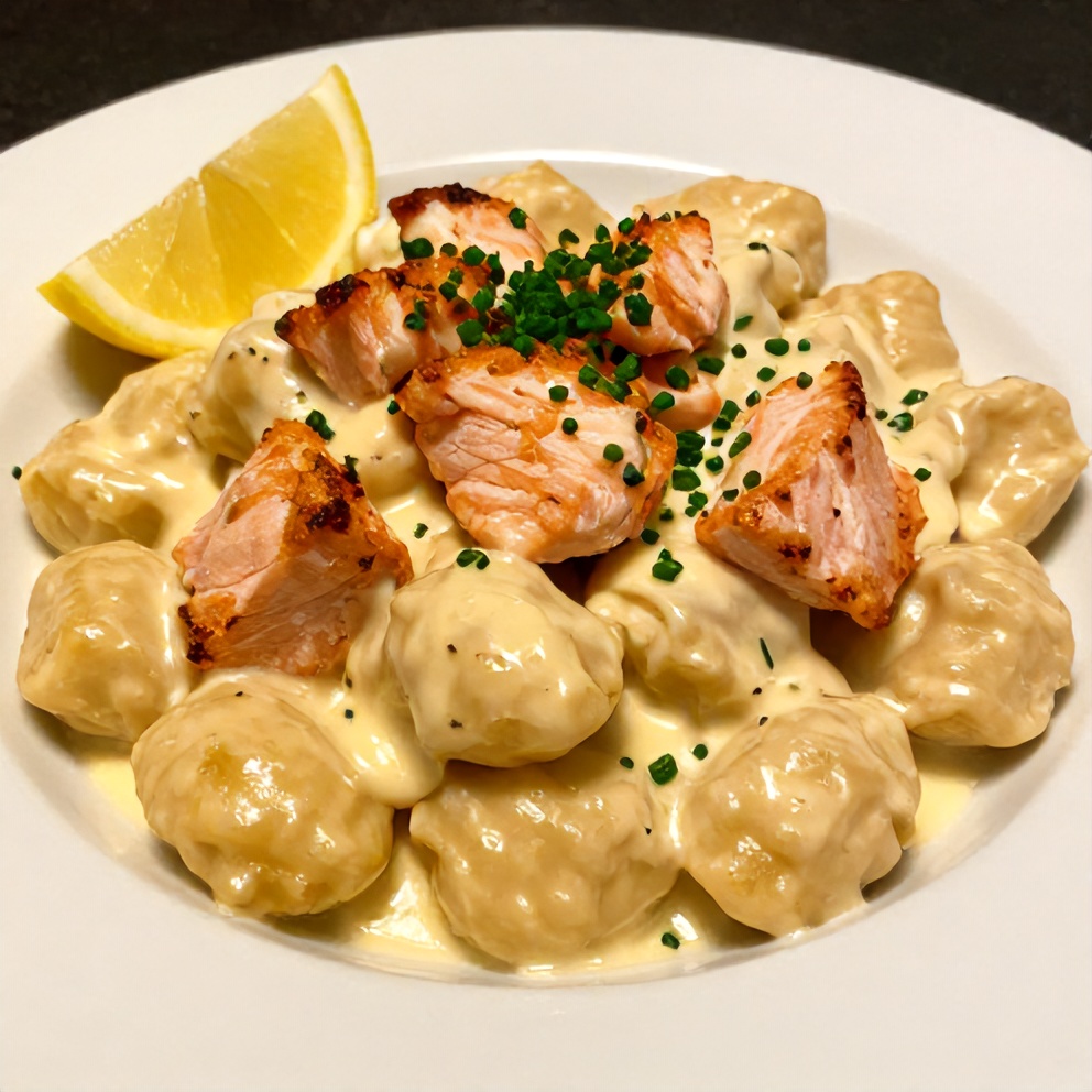 Plated creamy smoked salmon gnocchi