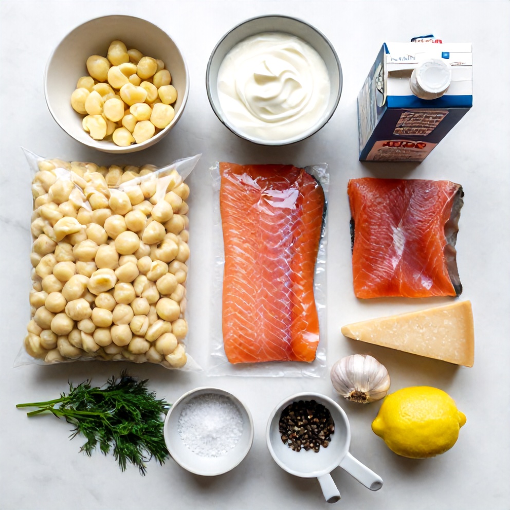 Raw ingredients for creamy smoked salmon gnocchi