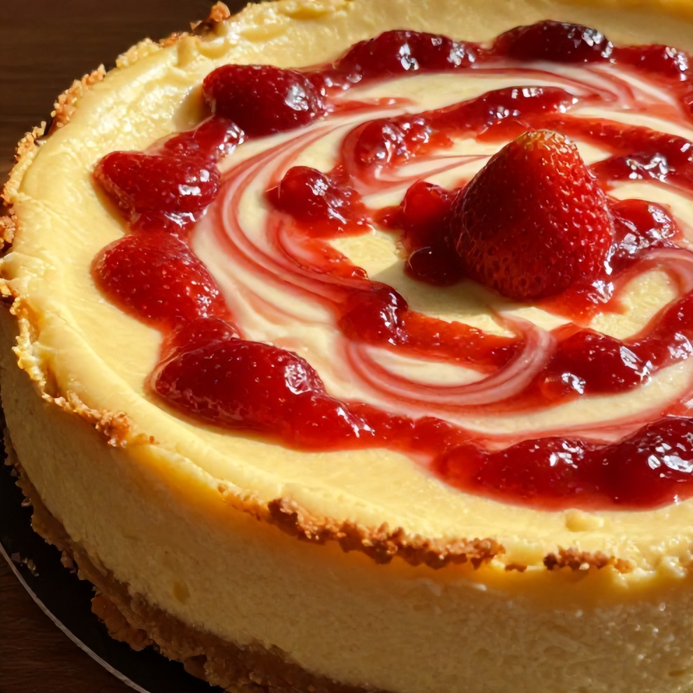 creamy strawberry swirl cheesecake