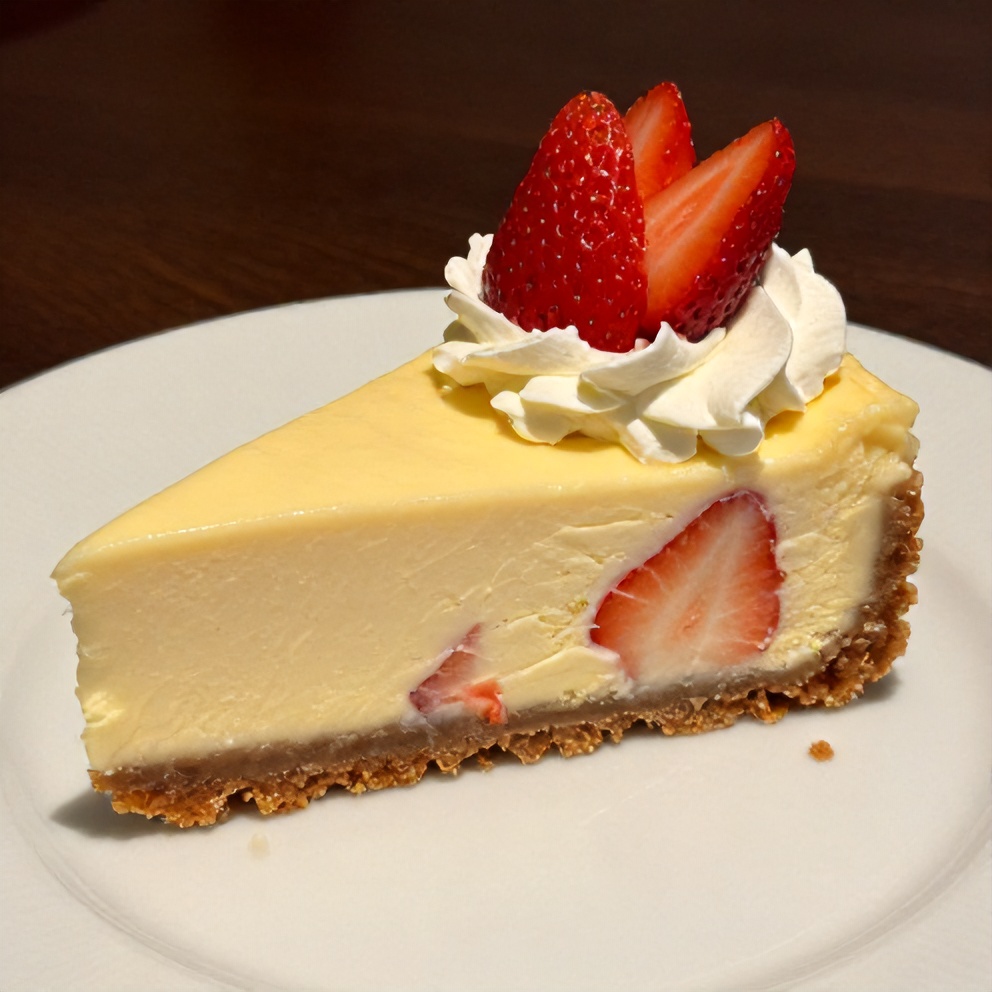 Sliced creamy strawberry swirl cheesecake on a plate