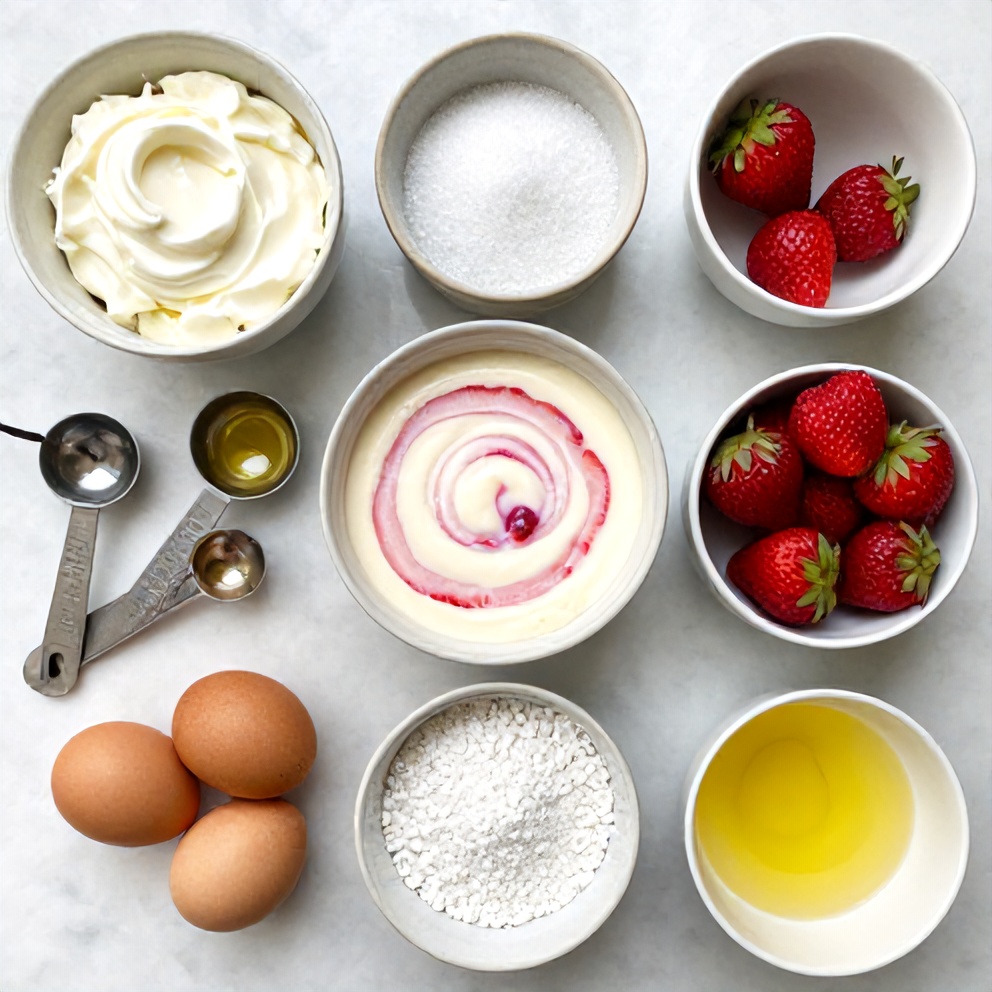 Raw ingredients for creamy strawberry swirl cheesecake