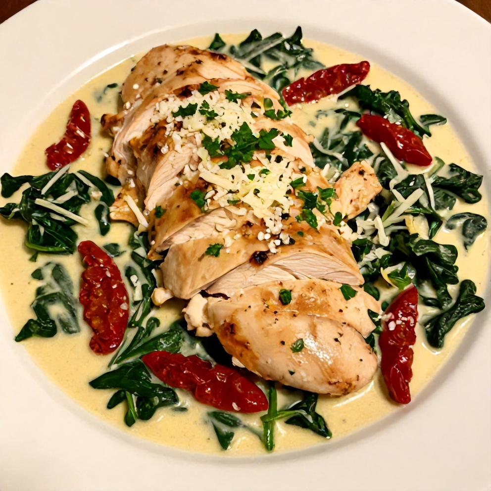 Plated creamy sun-dried tomato chicken skillet with spinach