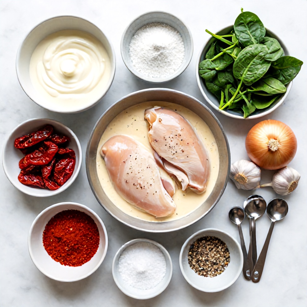 Raw ingredients for creamy sun-dried tomato chicken skillet