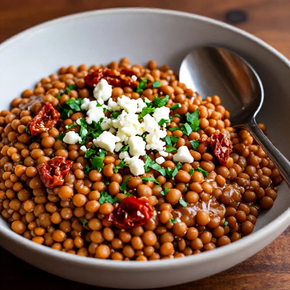 Plated serving of Creamy Sundried Tomato Lentils