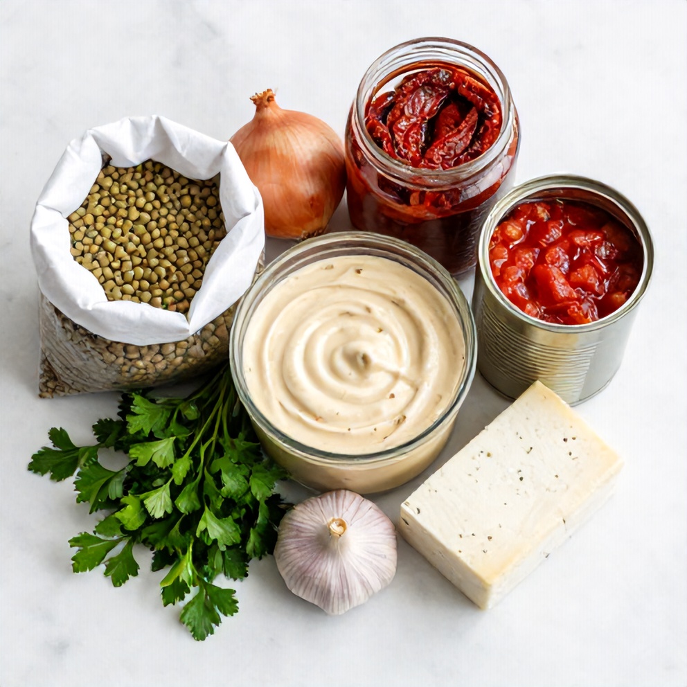 Raw ingredients for Creamy Sundried Tomato Lentils