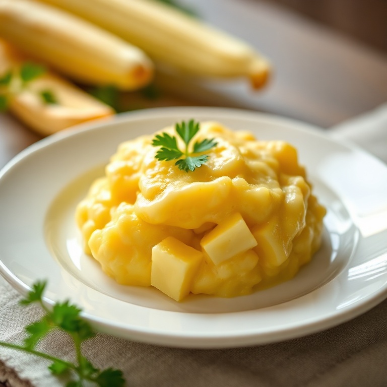Serving of creamy sweet corn pudding with a sprinkle of parsley on a white porcelain plate, close crop